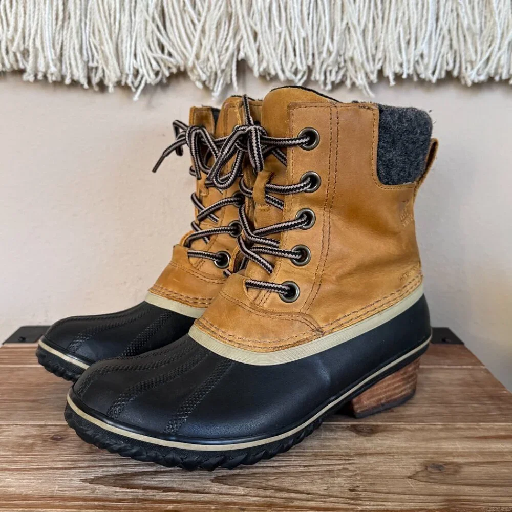 SOREL Slimpack II Waterproof Tan Leather Upper Black Rubber Duck Boot‎ Size 7